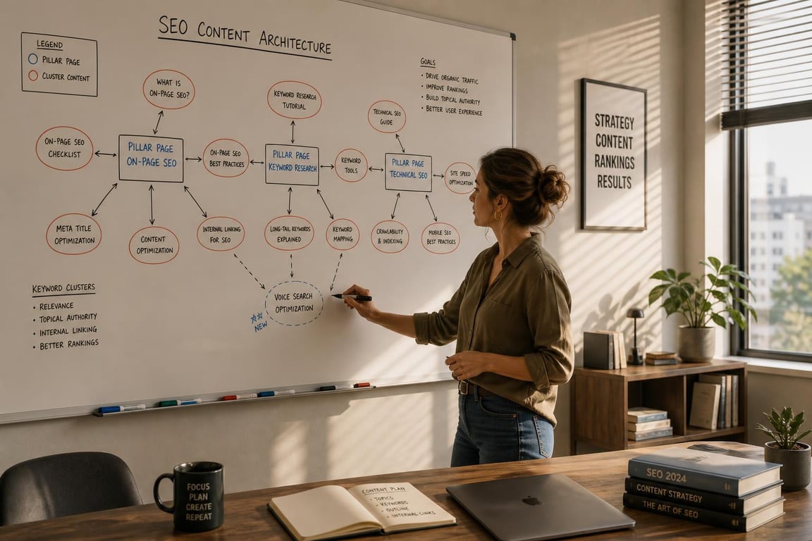 SEO copywriter reviewing a content brief with Google Search Console visible on monitor in a bright organized office