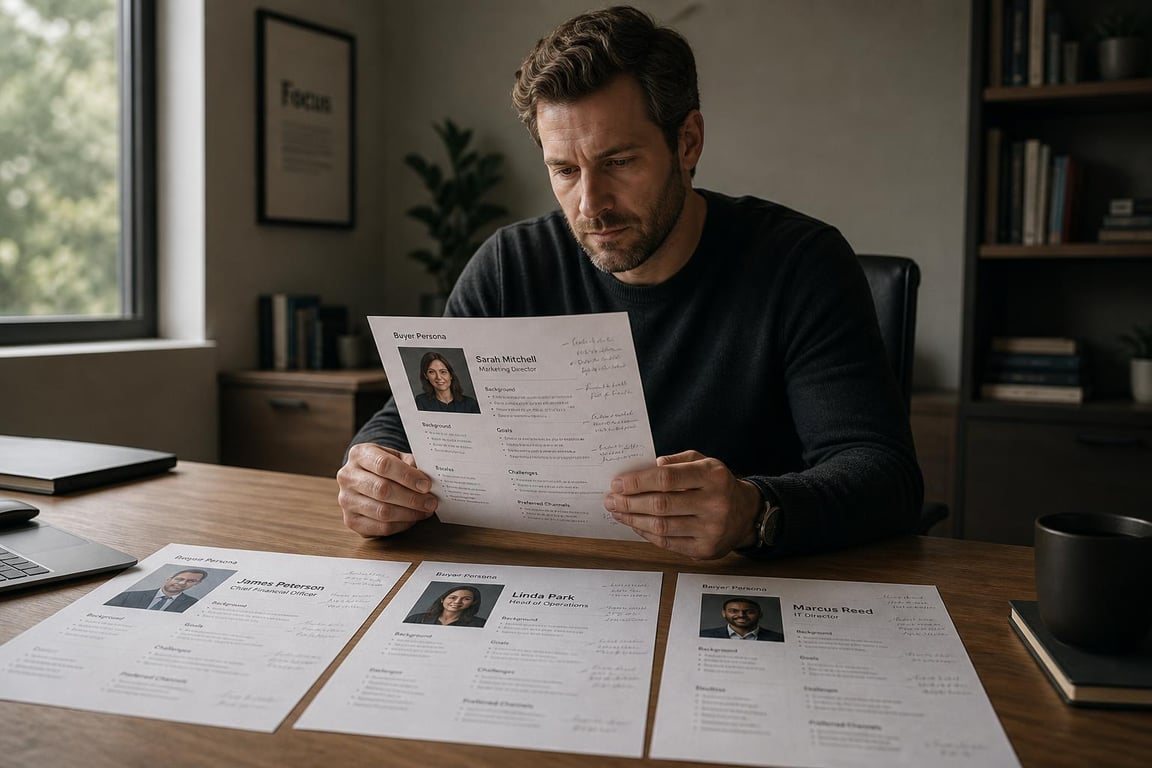 Business owner reviewing printed B2B buyer persona documents with handwritten notes at a minimal wooden desk
