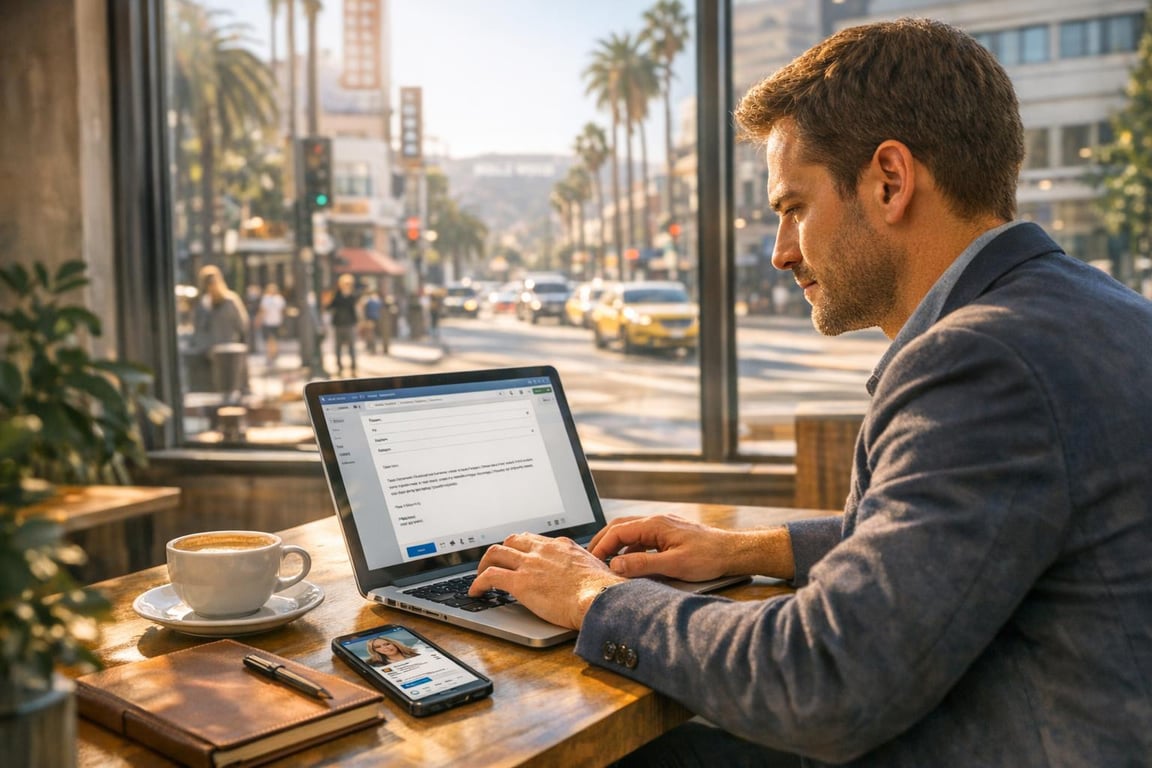 Man typing on laptop with email open, smartphone and coffee on table, sitting by window overlooking busy city street.