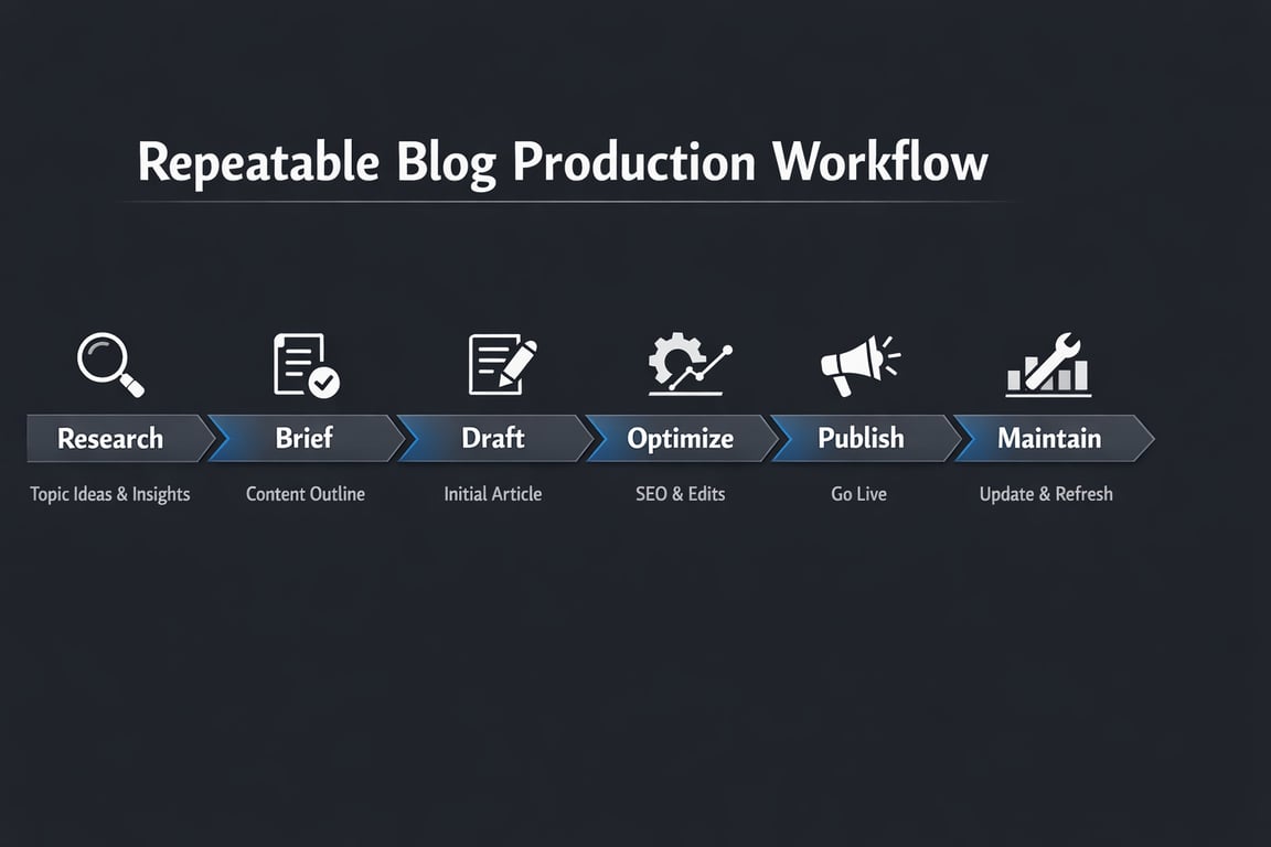Repeatable blog production workflow steps: Research, Brief, Draft, Optimize, Publish, and Maintain with related icons.
