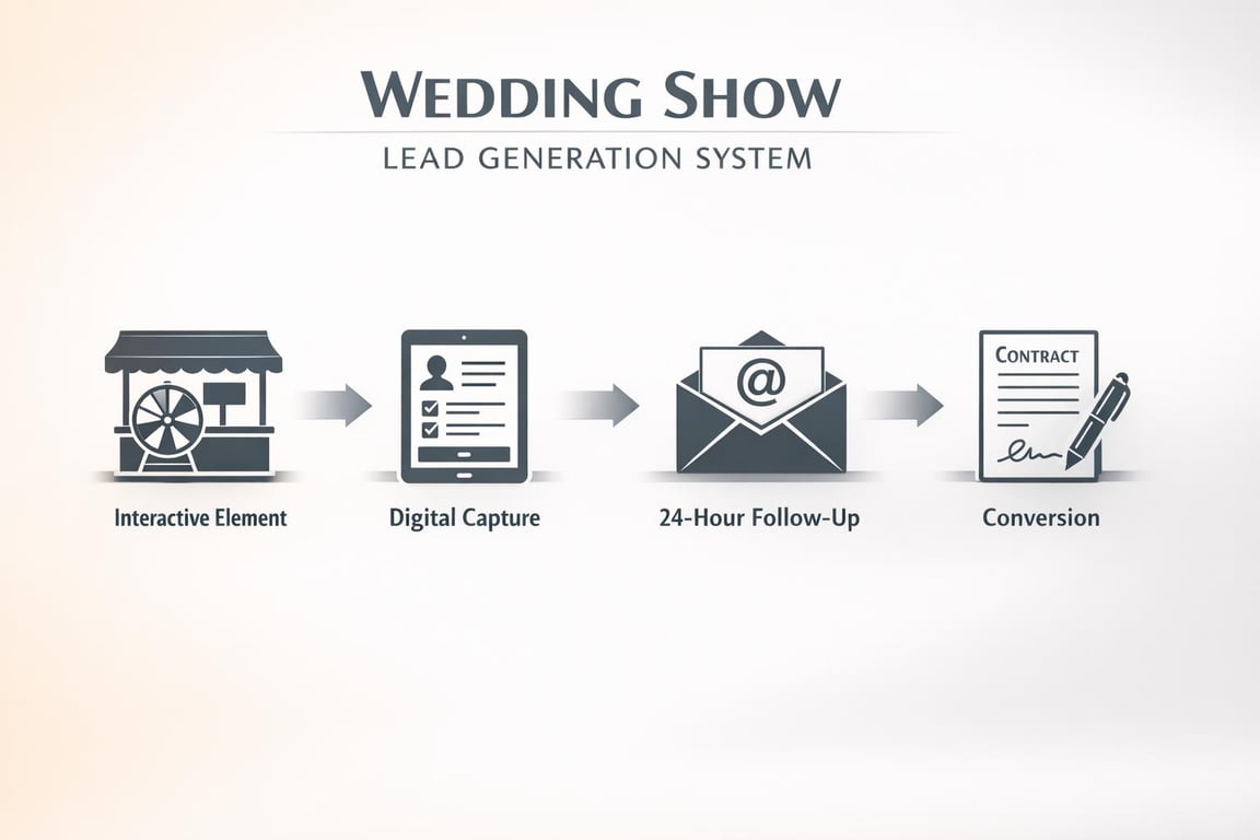 Wedding show lead generation system process with interactive element, digital capture, 24-hour follow-up, and contract conversion.