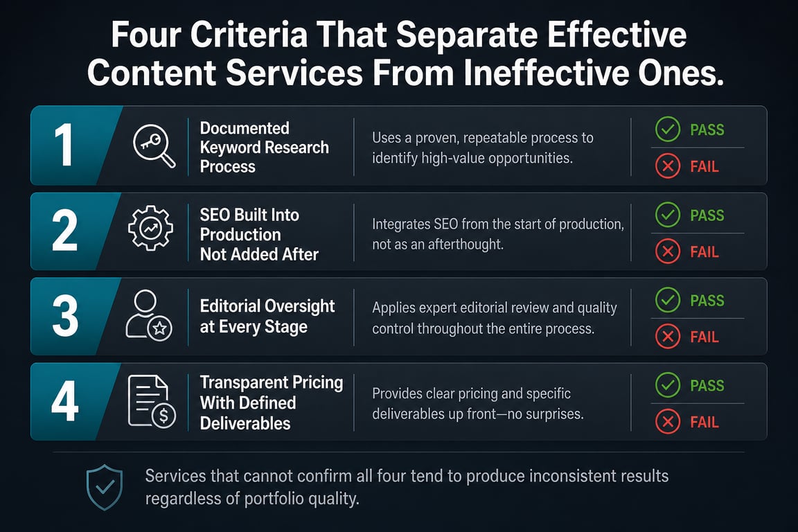 Infographic listing four evaluation criteria for content creation services including keyword research SEO integration editorial oversight and pricing transparency