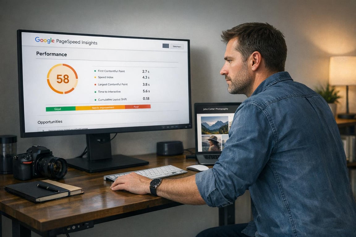 Man in denim shirt analyzing Google PageSpeed Insights performance report on a desktop computer at a wooden desk.