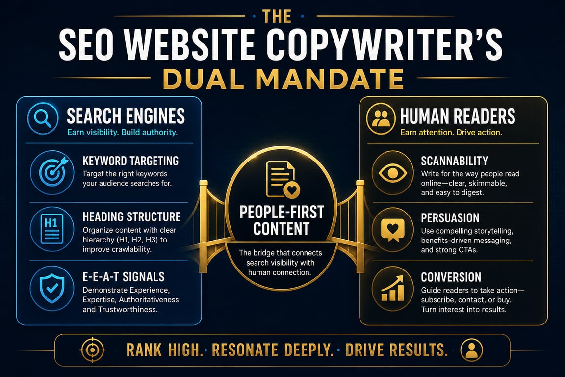 Infographic showing the SEO website copywriter dual mandate: serving search engines and human readers simultaneously