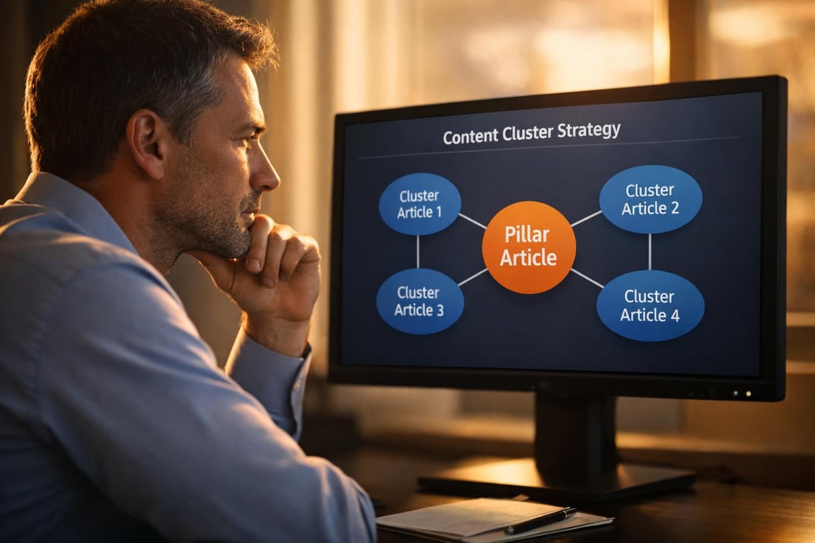 Man analyzing a content cluster strategy diagram on a computer screen in a dimly lit office setting.