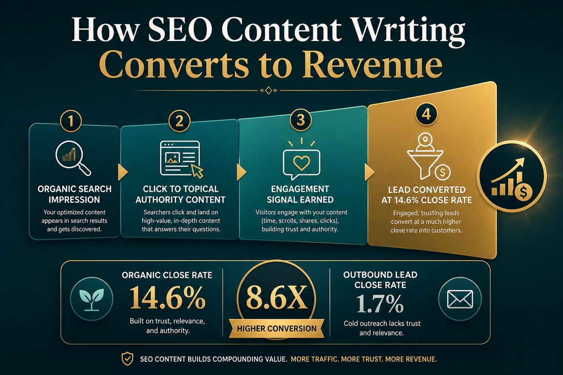 SEO content writing revenue conversion funnel infographic showing 14.6 percent organic close rate versus 1.7 percent outbound, four-stage funnel