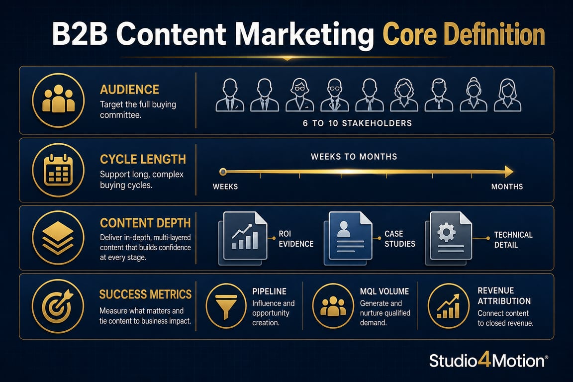 Infographic showing the four structural differences between B2B and B2C content marketing including audience, cycle, depth, and metrics