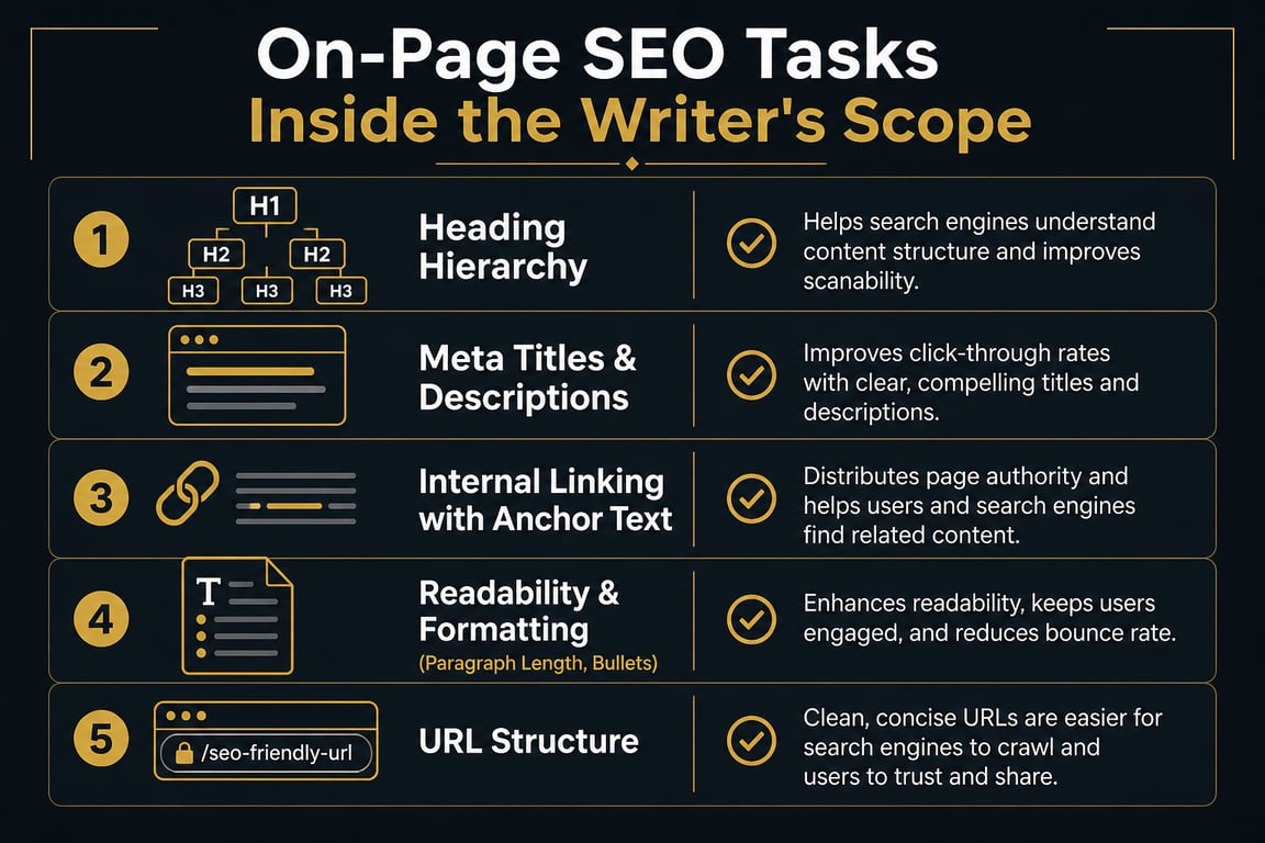 Infographic listing on-page SEO tasks within an SEO content writer's scope including headings, meta titles, and internal links