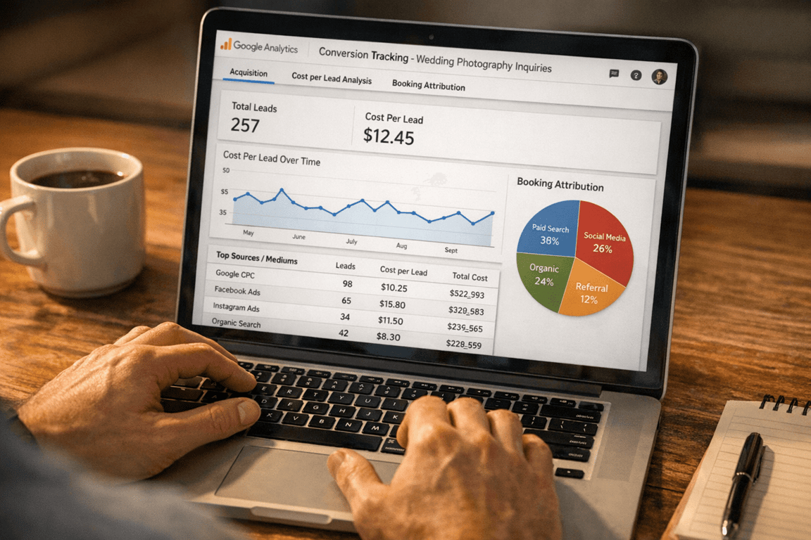 Google Analytics dashboard showing wedding photography inquiry leads, cost per lead, source breakdown, and booking attribution pie chart.