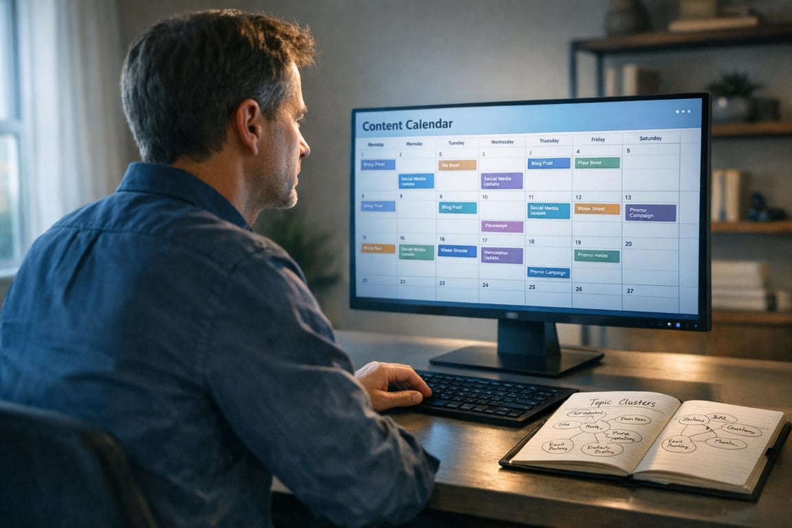 Man working on digital content calendar with notes on topic clusters in open notebook on desk.