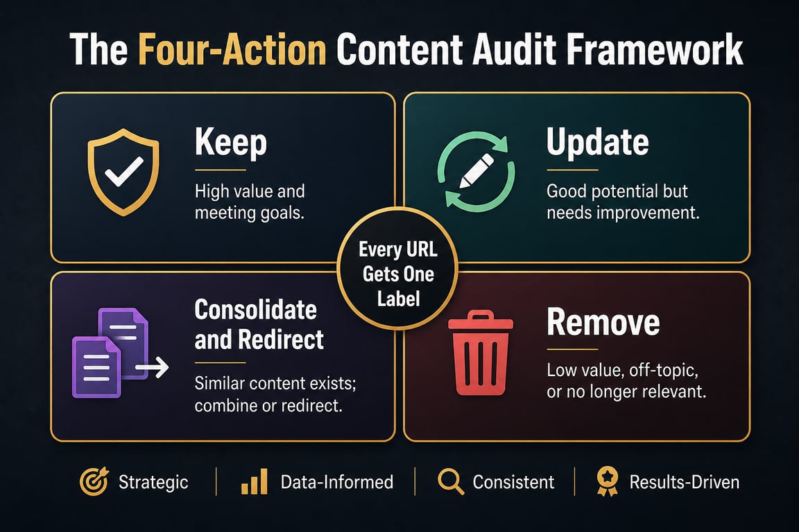 Infographic showing the four-action SEO content audit framework: keep, update, consolidate and redirect, and remove