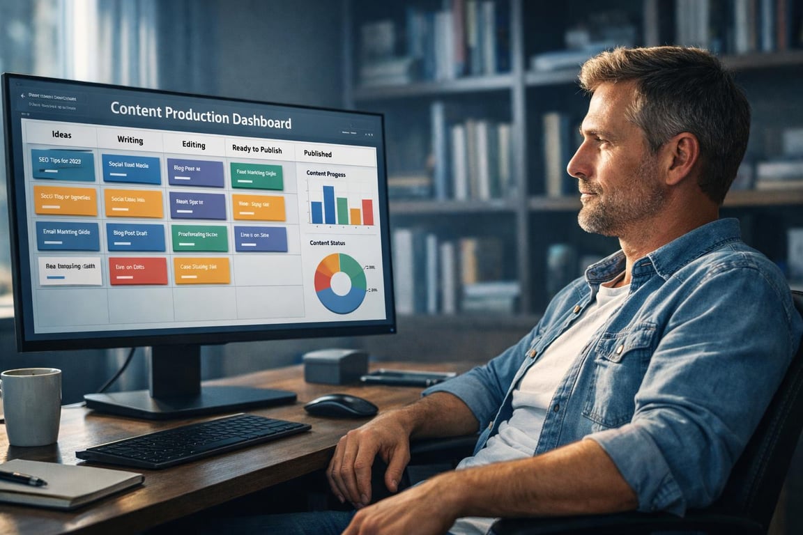 Man working at desk with content production dashboard displayed on computer monitor showing progress charts and task columns.