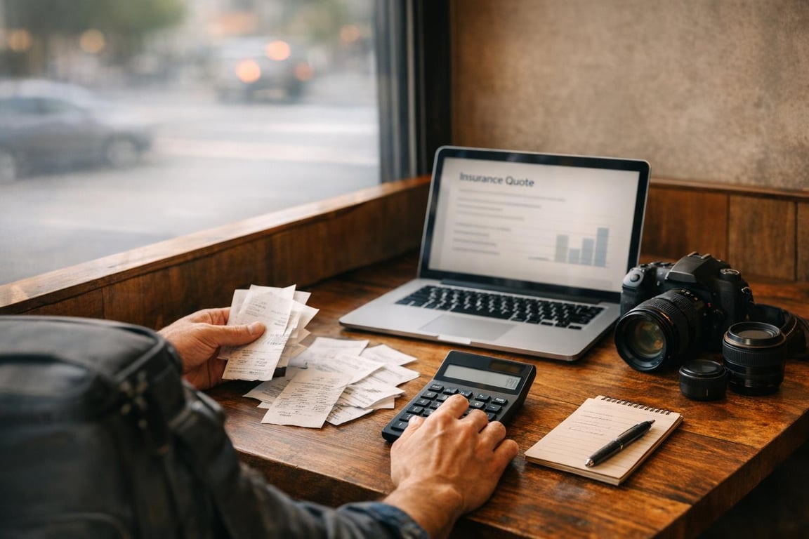 Calculating insurance quotes with receipts, a calculator, and a laptop on a wooden table.