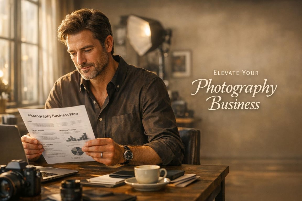 Man reviewing photography business plan document at wooden desk with camera and coffee cup in warm studio setting.