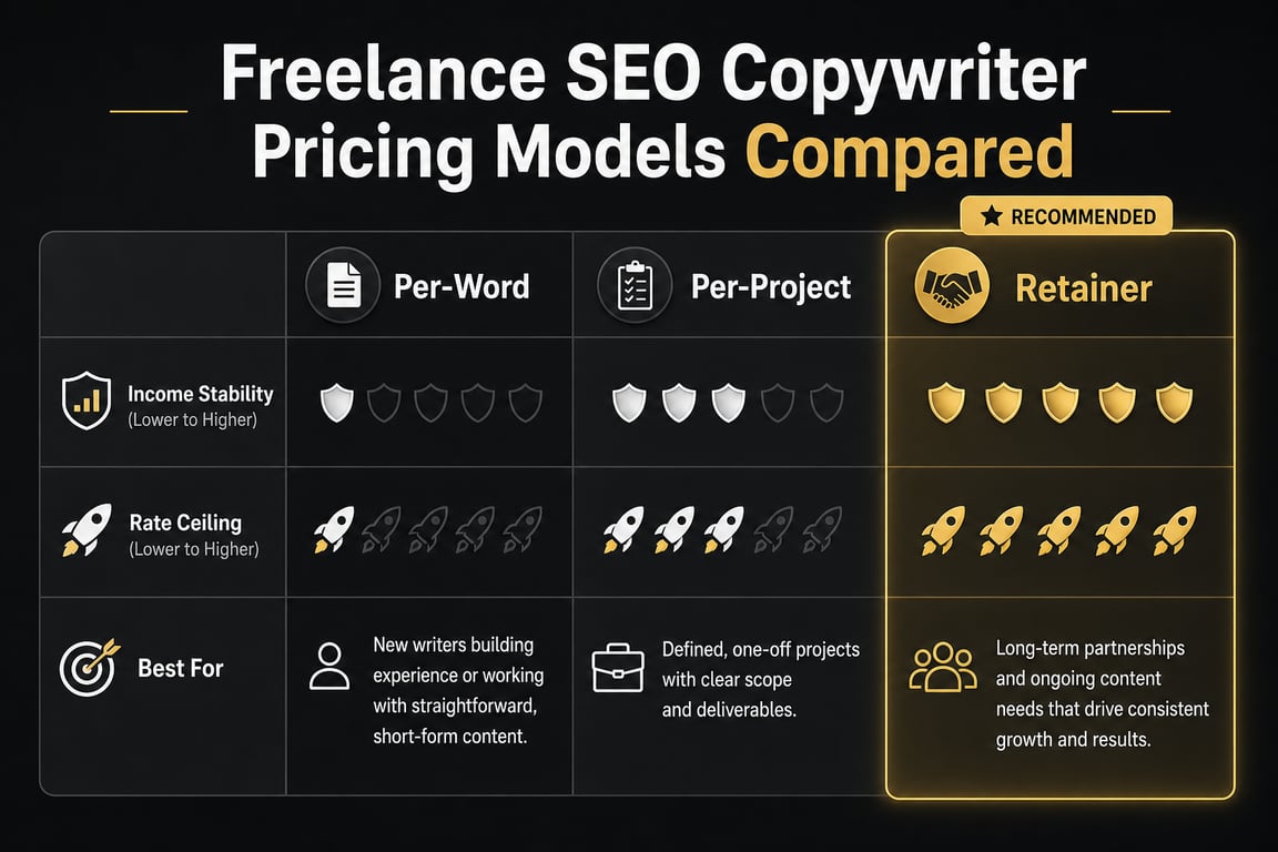 Infographic comparing three freelance SEO copywriter pricing models: per-word, per-project, and retainer with income and ceiling ratings
