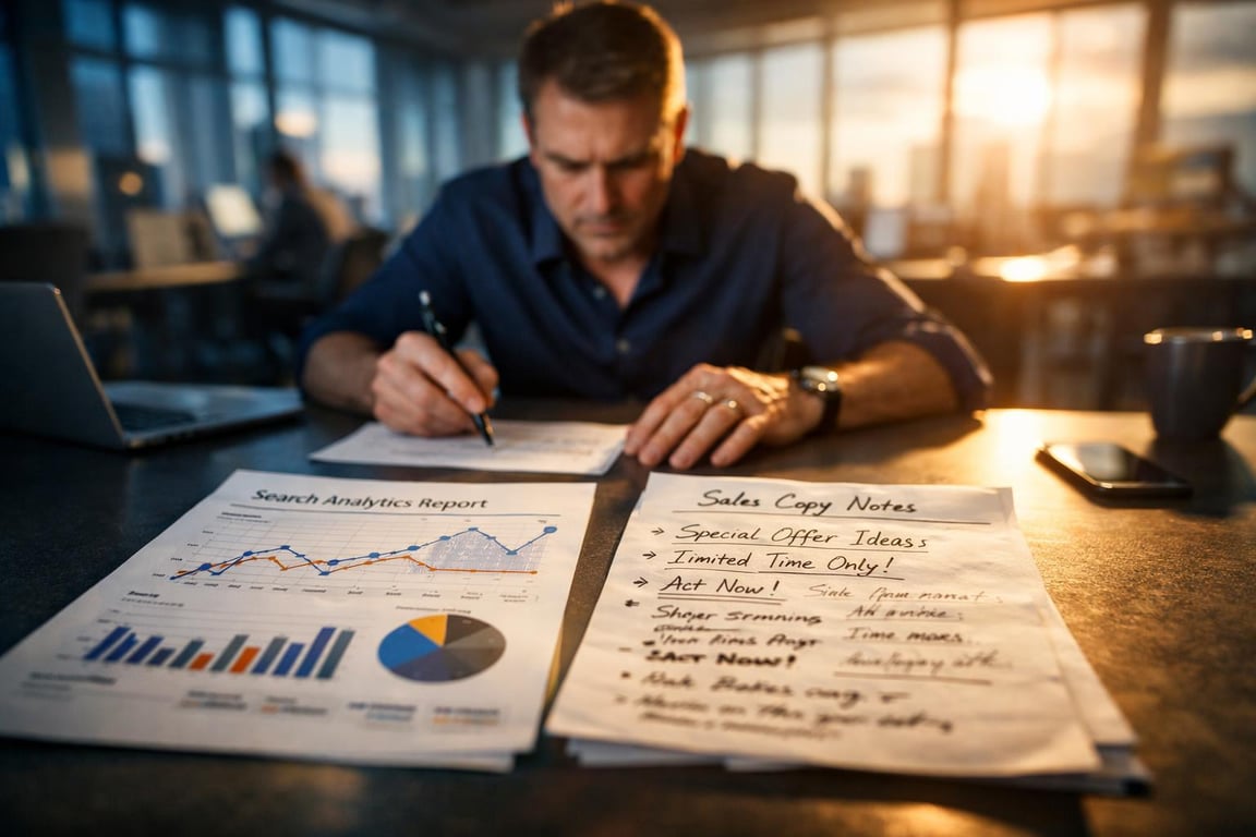 Man working late on sales notes and search analytics report with charts and graphs on desk in office.