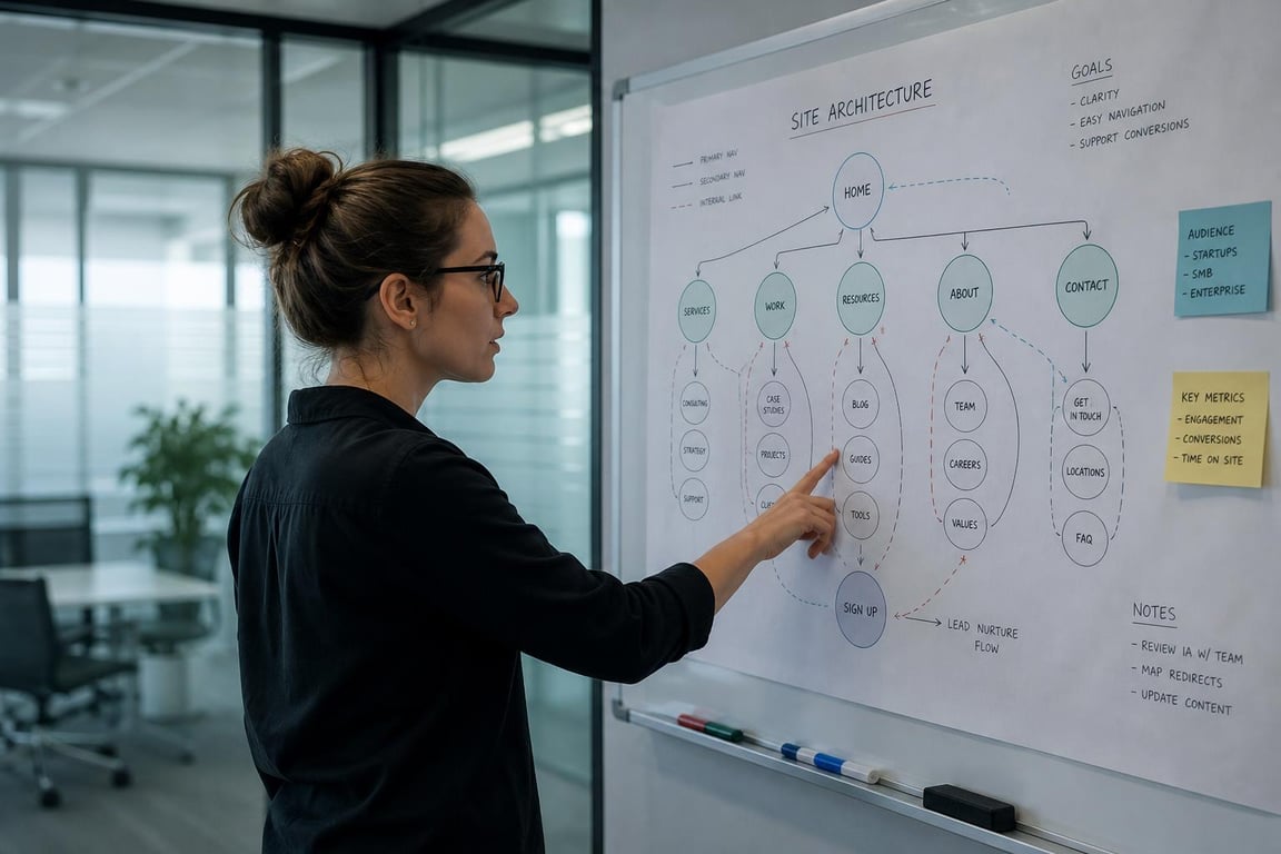 A content strategist traces internal link paths on a site architecture diagram in a glass-walled conference room