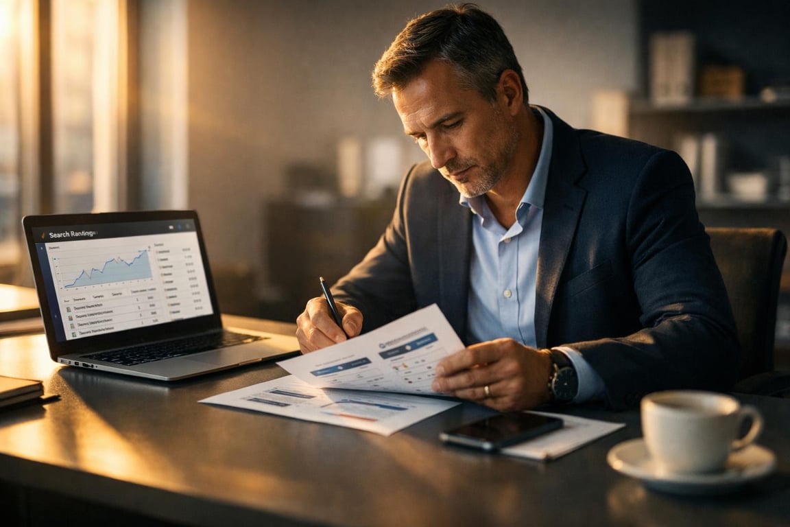 Businessman analyzing marketing reports with laptop showing search rankings graph in a modern office setting.