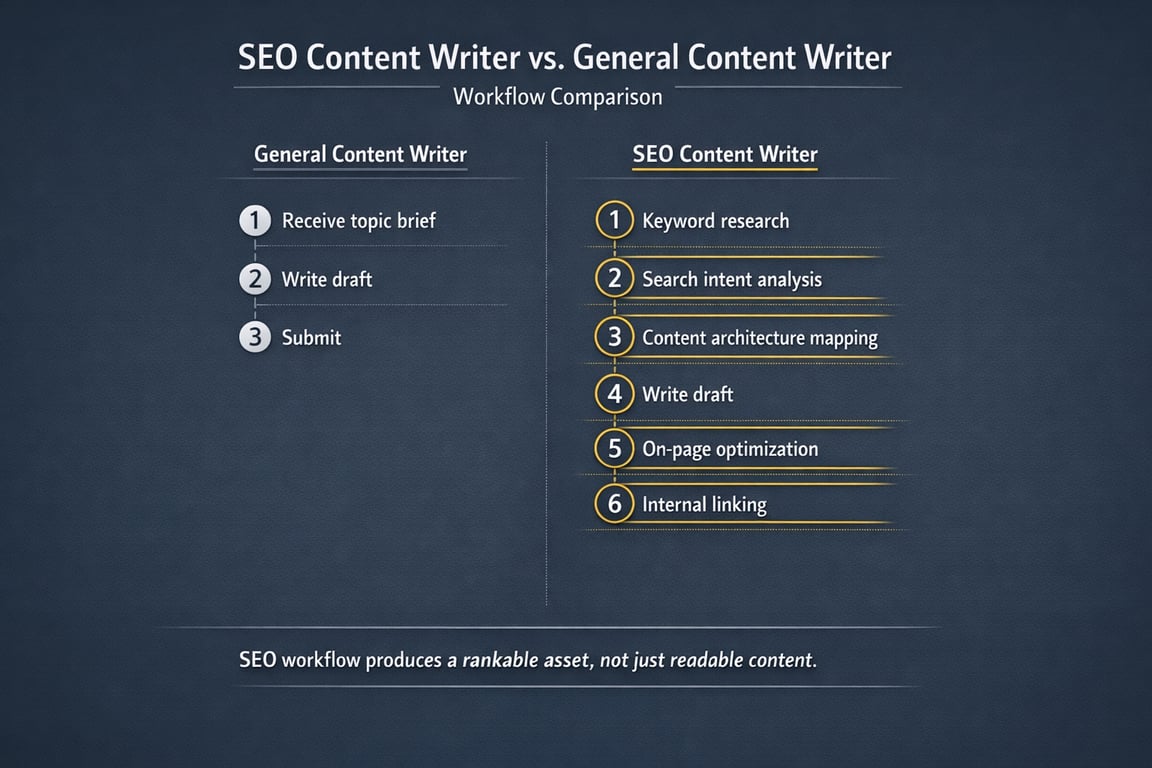 Workflow comparison between general content writer and SEO content writer highlighting key differences in writing and optimization steps.