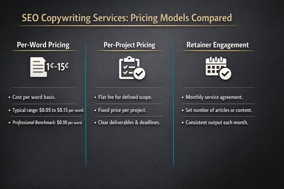 SEO copywriting pricing models compared: per-word ($0.05-$0.15), per-project flat fee, and retainer monthly service agreements.