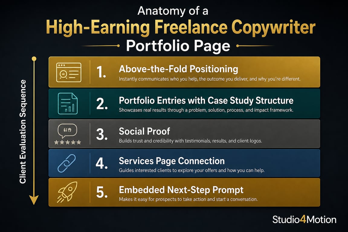 High earning copywriter portfolio infographic — freelance copywriter portfolio pages