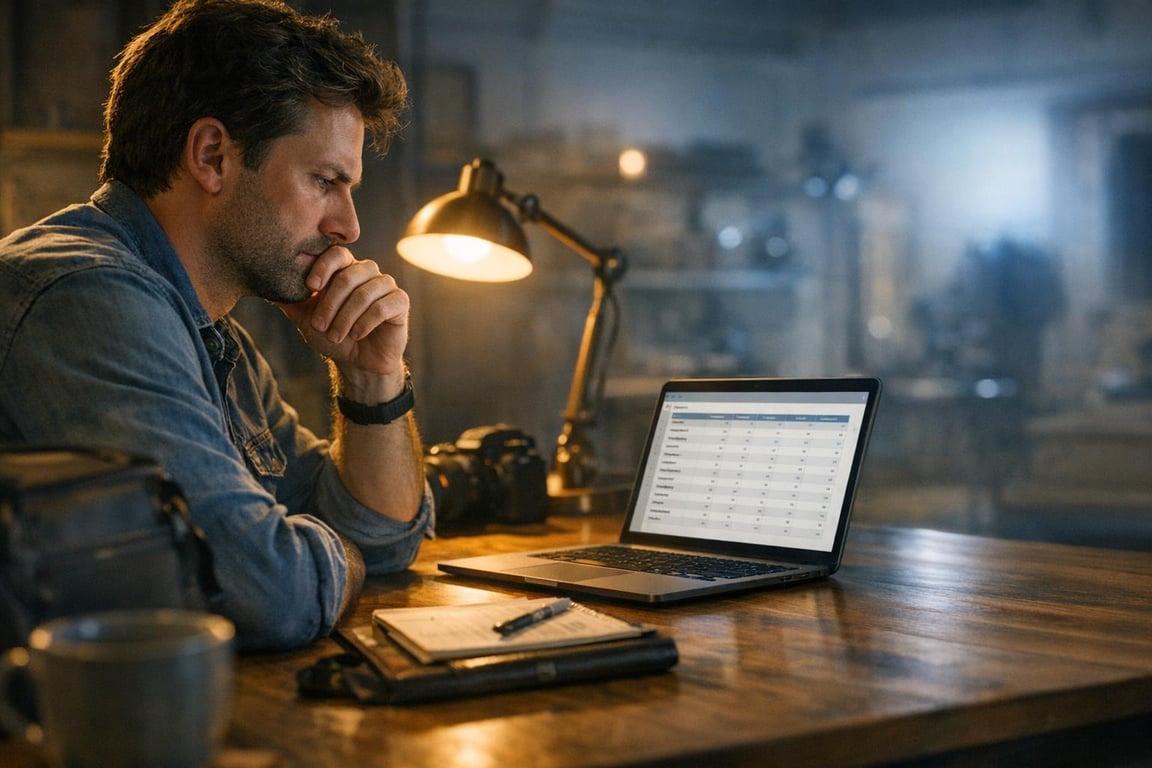 Man in denim shirt concentrating on laptop screen displaying data table in cozy workspace with warm lighting.