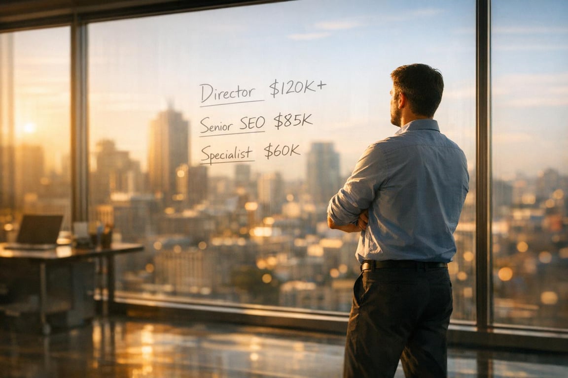 Man in office looking at city view with Director, Senior SEO, Specialist salary figures written on glass window.