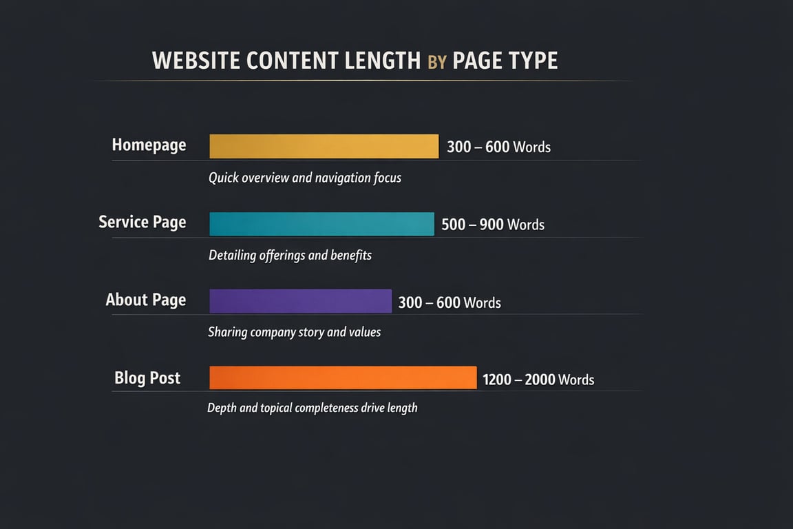 Recommended website content lengths by page type: Homepage 300-600 words, Service Page 500-900 words, About Page 300-600 words, Blog Post 1200-2000 words.