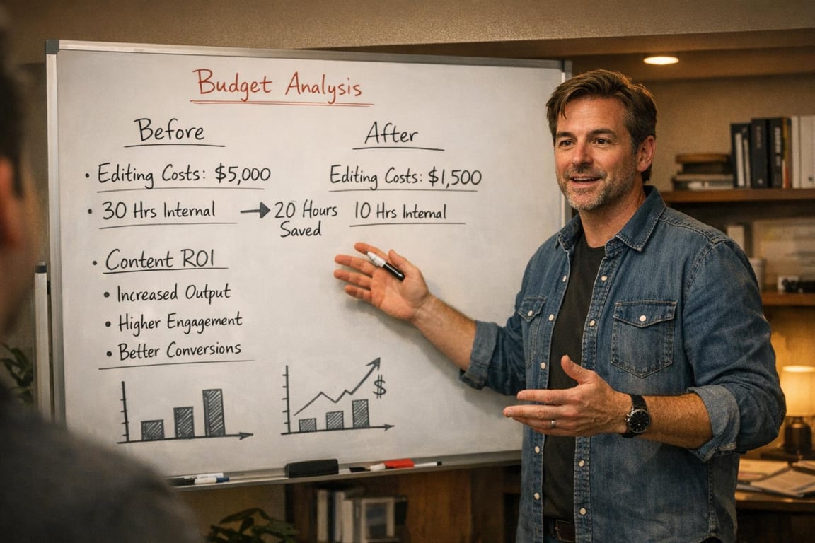 Man presenting budget analysis on a whiteboard showing cost savings, hours saved, and improved content ROI with charts.