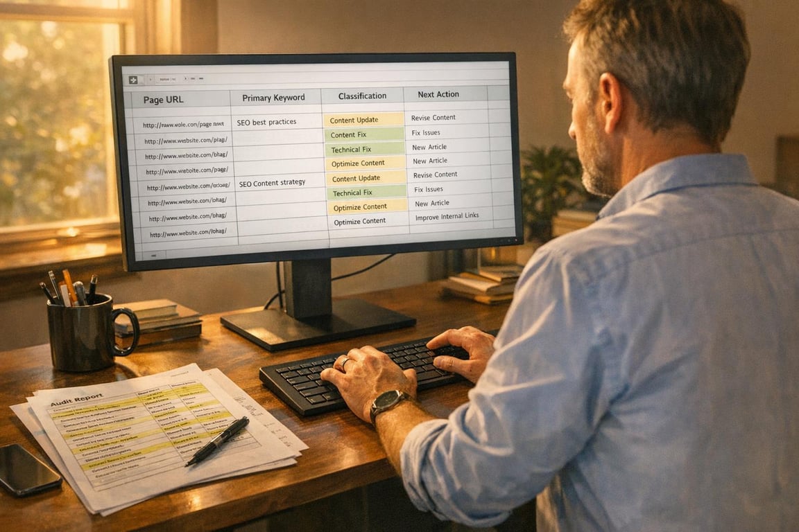Man working on SEO content strategy and keyword optimization spreadsheet on desktop in a warm home office.