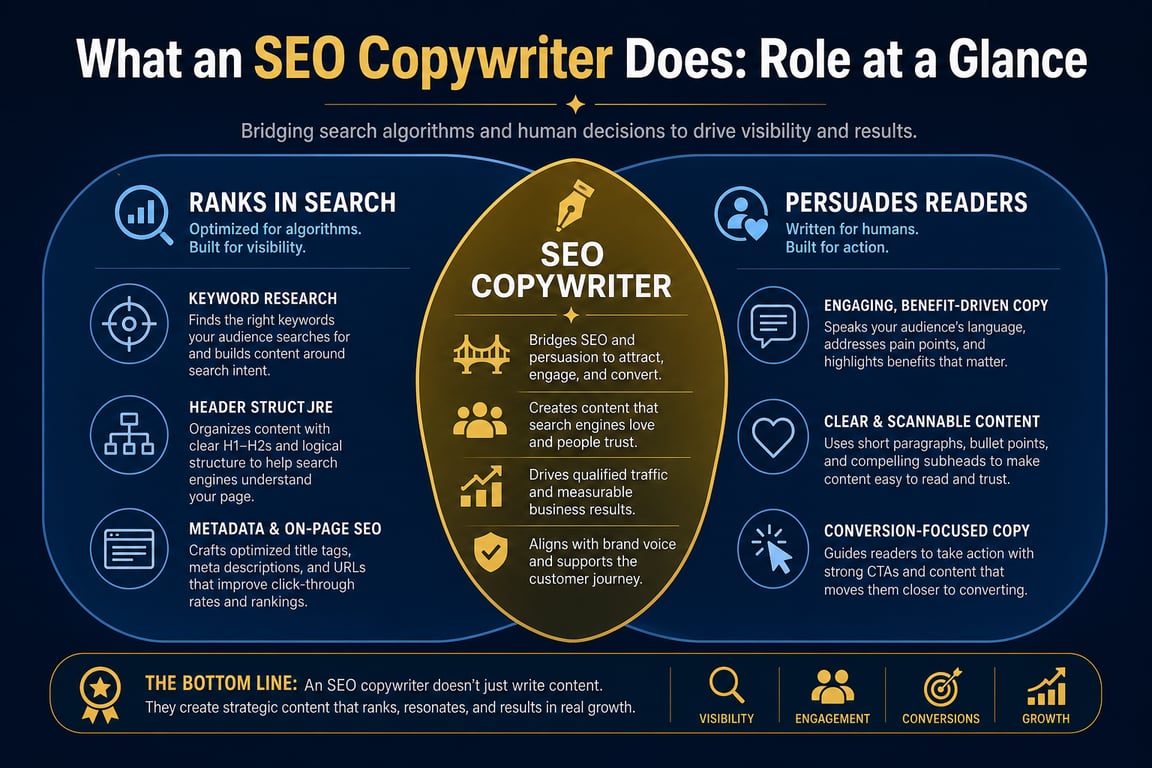 Infographic showing the SEO copywriter role at the intersection of search engine optimization and persuasive writing