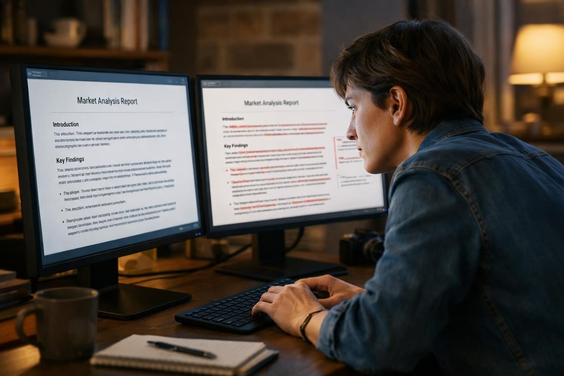 Person working on dual monitors displaying a market analysis report in a dimly lit office setting.