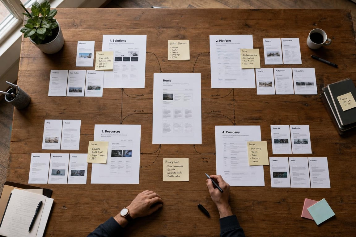 Website sitemap planning with documents, sticky notes, and flowchart arrows on wooden desk with hands and coffee cup.