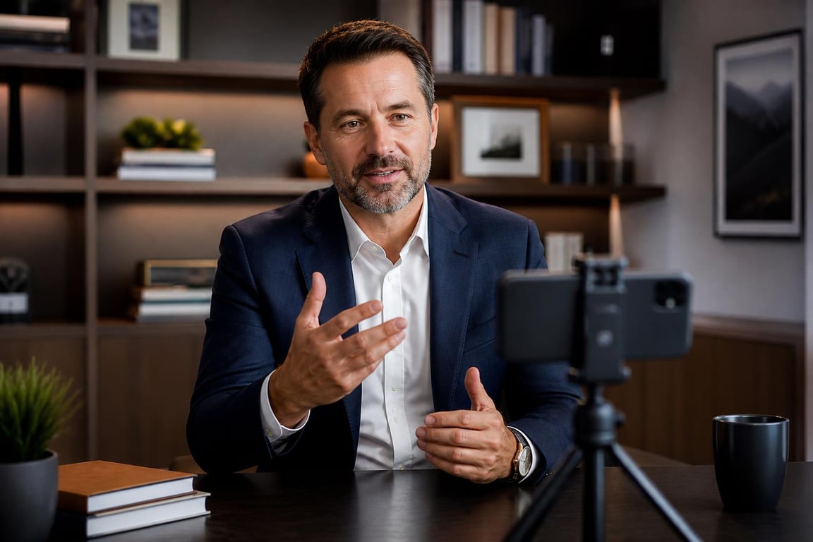 Business executive recording an authentic LinkedIn thought leadership video on a smartphone at his modern office desk