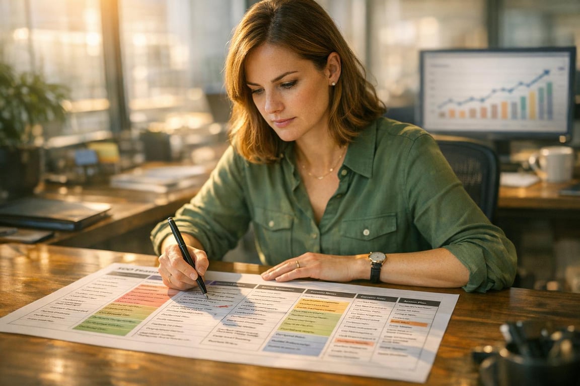 Woman in green shirt marking a detailed strategic plan chart at a wooden desk with a computer screen showing graphs in the background.
