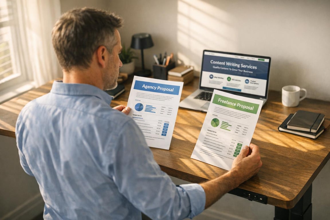 Man comparing agency proposal and freelance proposal papers at a wooden desk with laptop and coffee mug nearby.