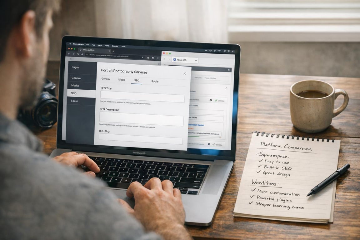 Man working on SEO settings for portrait photography services on laptop with platform comparison notes and coffee mug nearby.