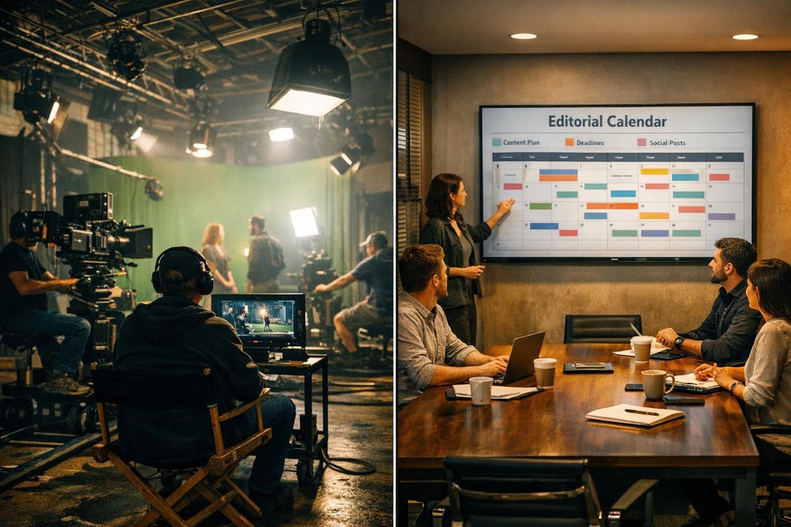 Film crew recording a scene on set alongside a team meeting reviewing an editorial calendar on a large screen.