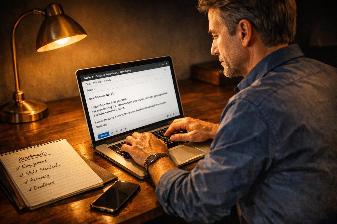 Man typing an email on a laptop at a wooden desk with a lamp, notebook listing content benchmarks, and smartphone nearby.