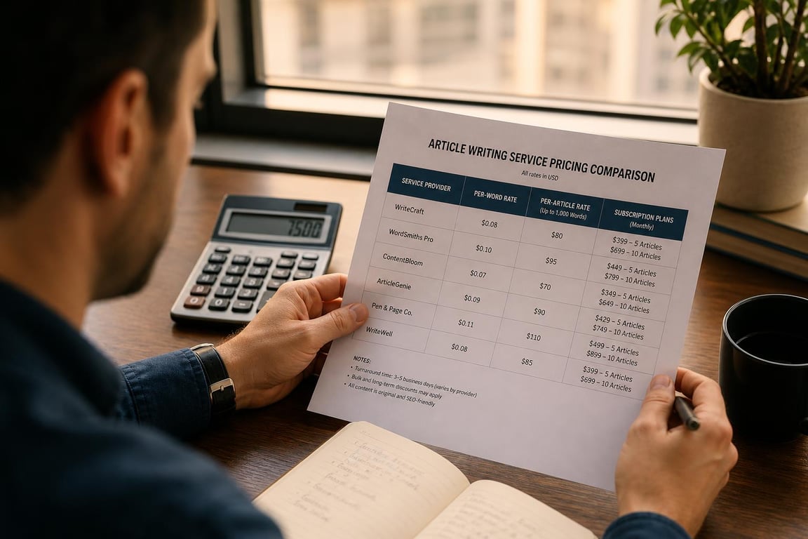 Business owner reviewing a printed article writing service pricing comparison sheet with per-word and per-article rate columns on a desk