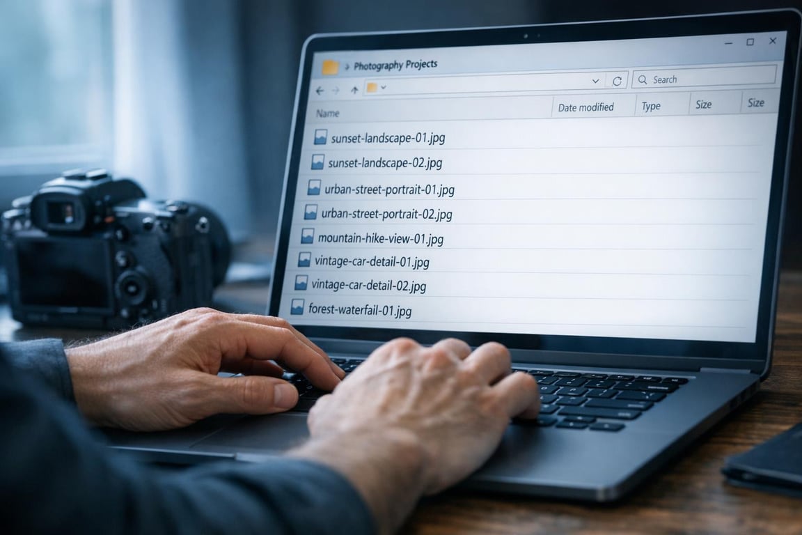 Hands typing on a laptop with a folder named Photography Projects open, showing various photo file names and a camera nearby.