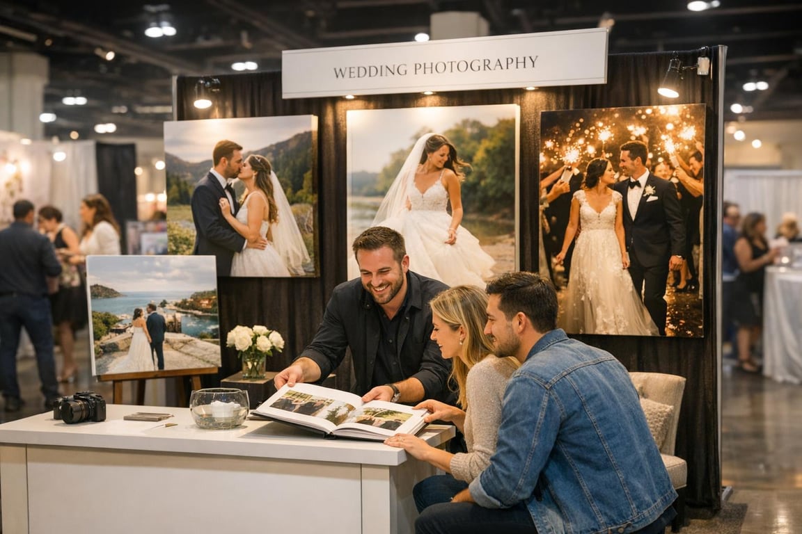 Wedding photography booth with a photographer showing a couple a photo album, surrounded by romantic wedding prints.