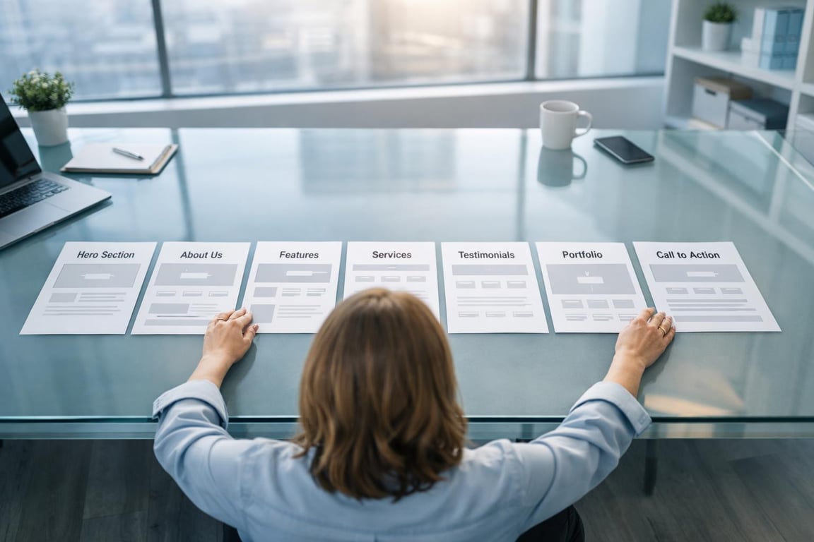 Person reviewing website layout printouts labeled Hero Section, About Us, Features, Services, Testimonials, Portfolio, Call to Action.