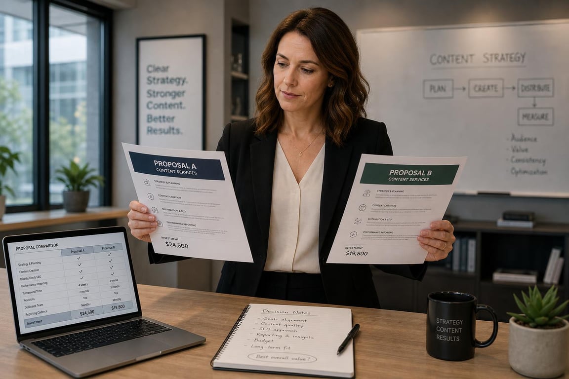 Marketing director comparing two content creation service proposals at a standing desk before making a final vendor selection decision