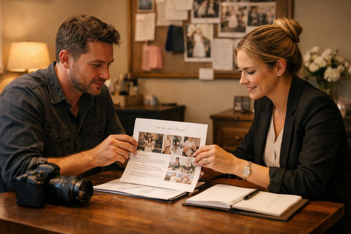 Man and woman reviewing wedding photography samples at a wooden table with a camera and notebook nearby.