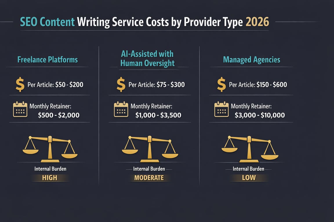 SEO content writing service costs in 2026 by provider type including freelance, AI-assisted, and managed agencies with price and burden levels.