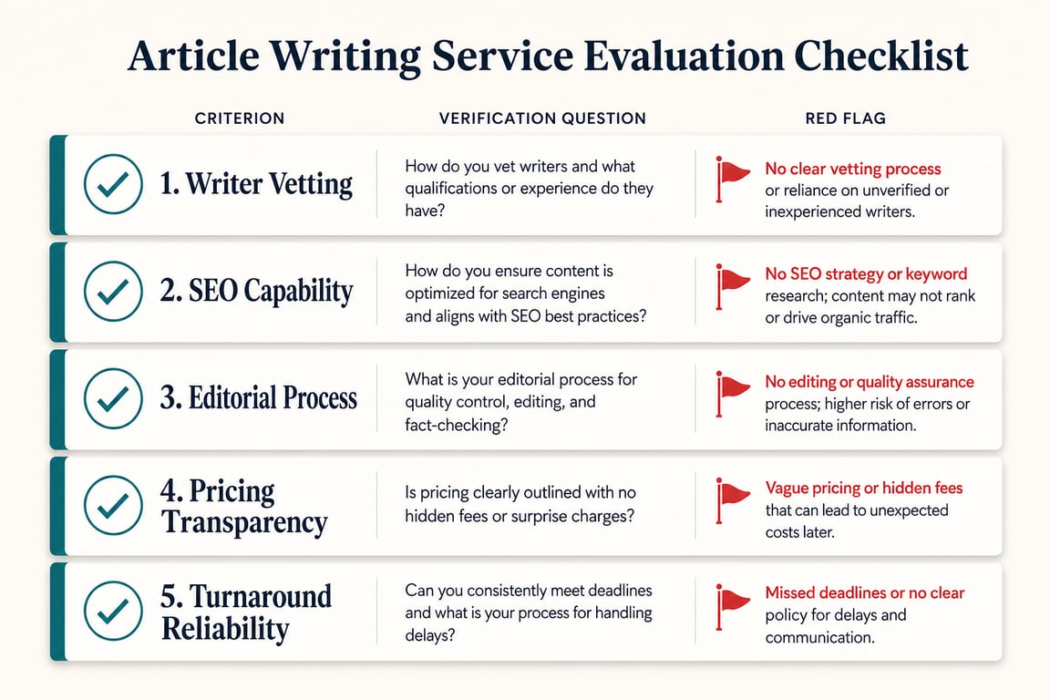 Infographic checklist showing five criteria for evaluating article writing services: writer vetting, SEO capability, editorial process, pricing, and turnaround