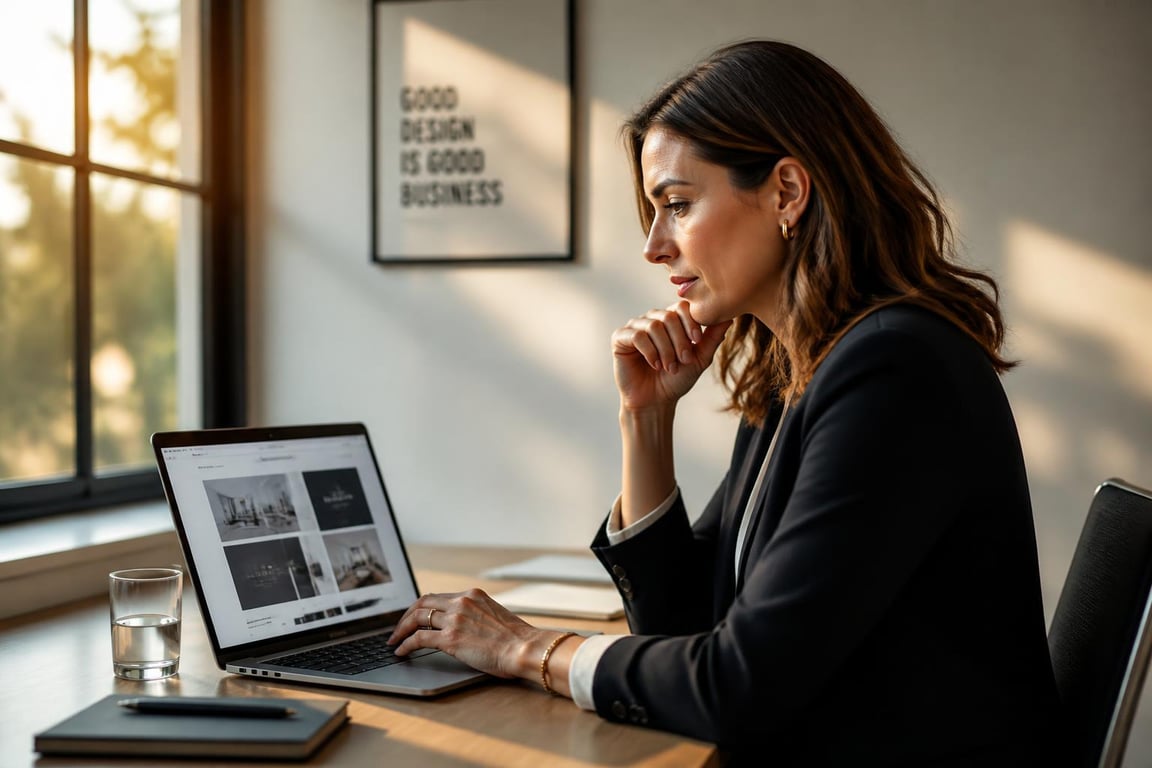 Woman laptop portfolio review — website for copywriters