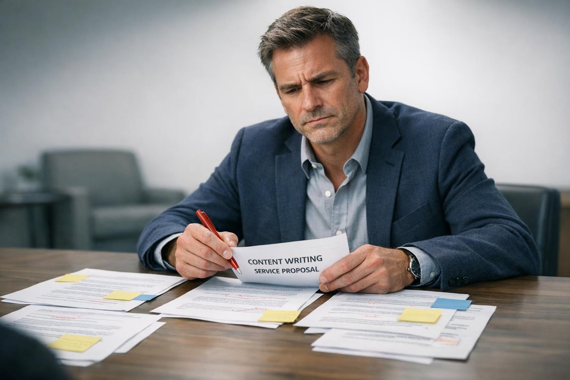Man in business attire reviewing and editing a content writing service proposal with marked-up documents on a table.