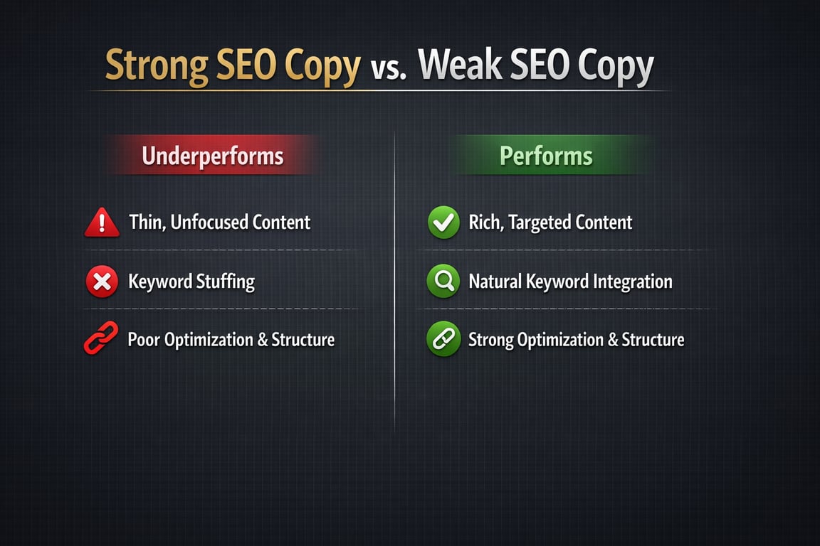 Comparison of strong versus weak SEO copy with points on content quality, keyword use, and optimization structure.